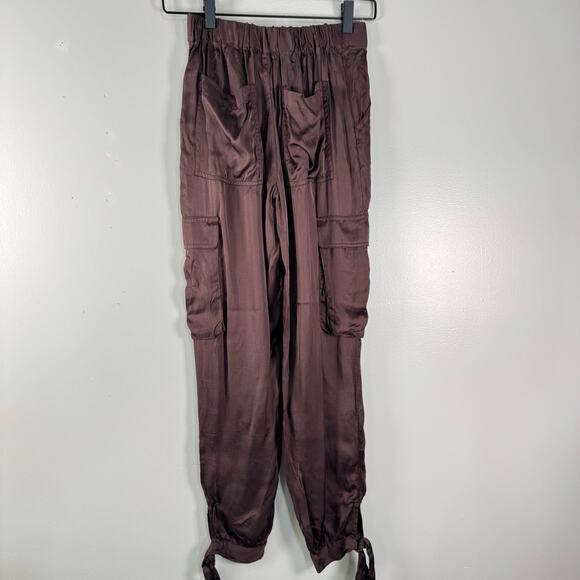 Young Fabulous & Broke Chocolate Brown Satin Tie Hem Jogger Pants Cargo Size XS - Picture 9 of 10